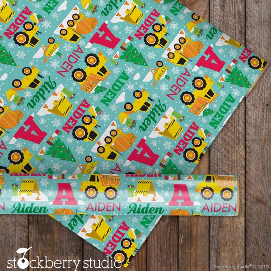 Christmas Construction Wrapping Paper Personalized Boy Name Gift Wrap