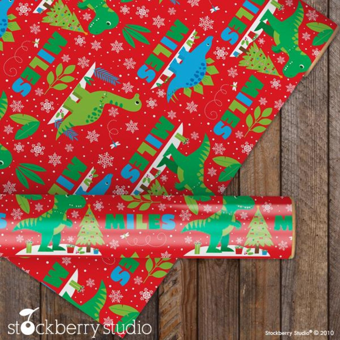 Christmas Dinosaur Wrapping Paper Personalized Boy Name Gift Wrap