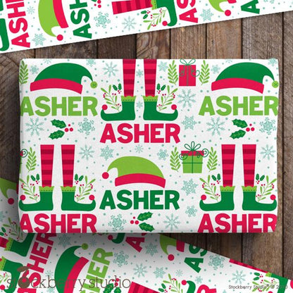 Christmas Elf Name Wrapping Paper Personalized Kids Name Gift Wrap