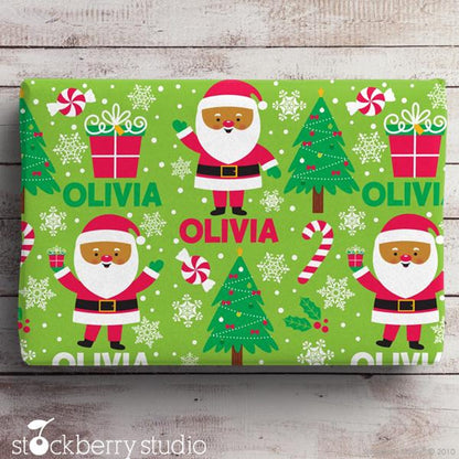 Santa Wrapping Paper Personalized Christmas Tree Gift Wrap Name Kids