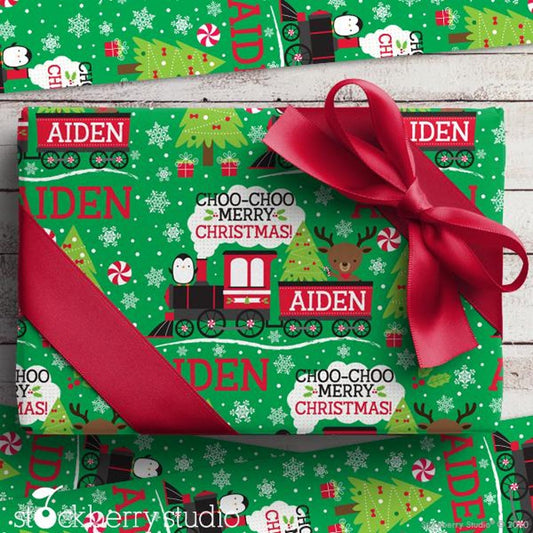 Christmas Train Wrapping Paper Personalized Name Kids Boy