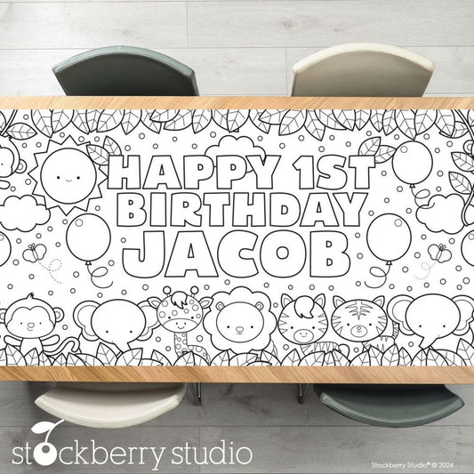 Safari Jungle Coloring Tablecloth Boys Birthday Party Decoration Personalized