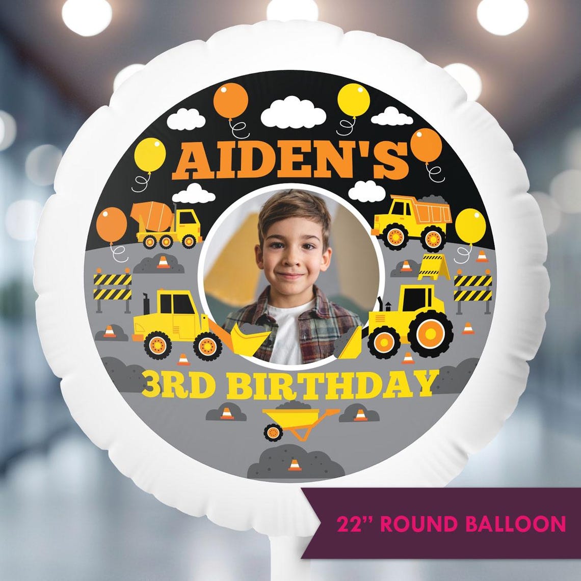 Personalized Construction Truck Birthday Mylar Balloon with Photo – Custom Design for Kids' Birthday Party Decorations