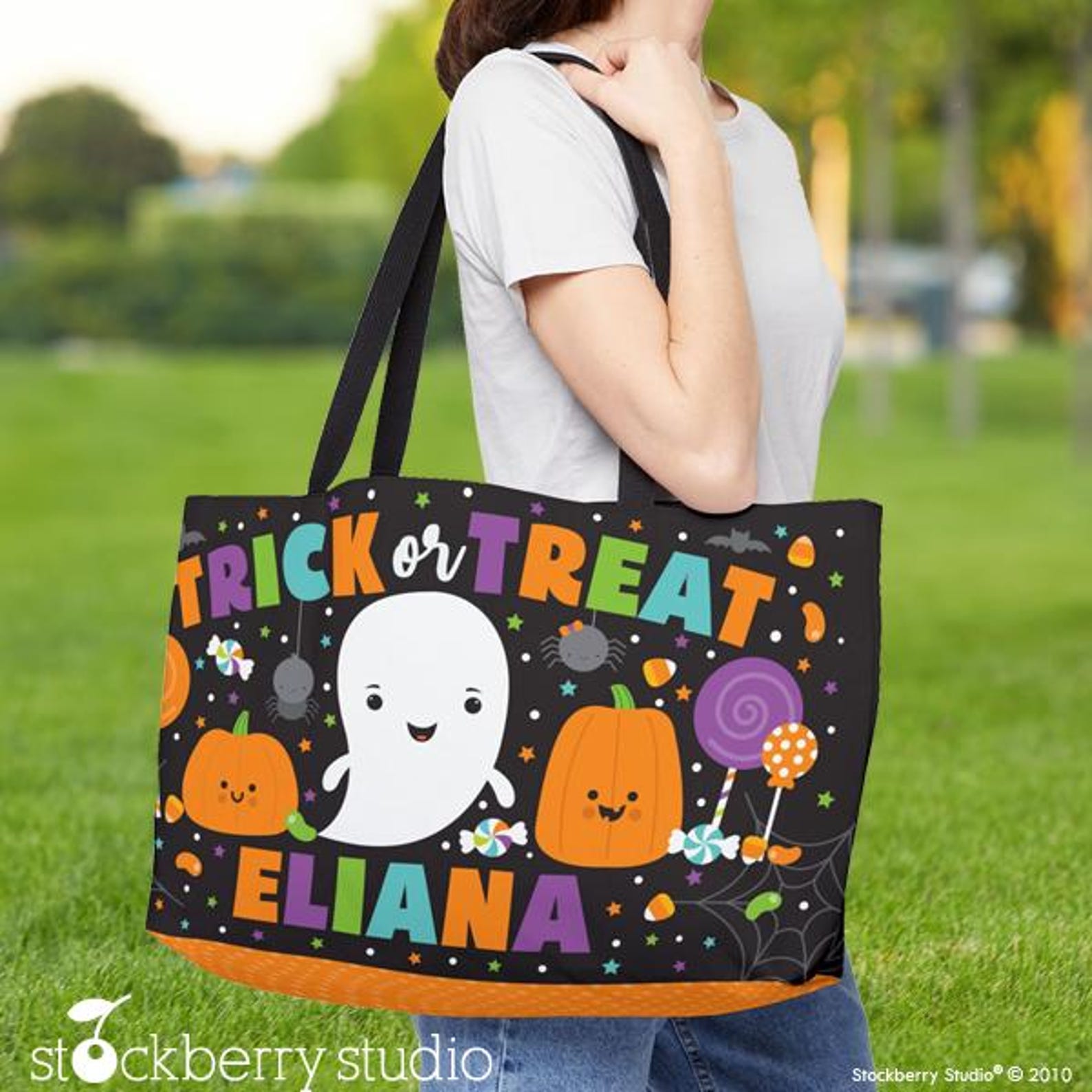 Pumpkin Halloween Large Tote Bag Personalized Kids Trick or Treat