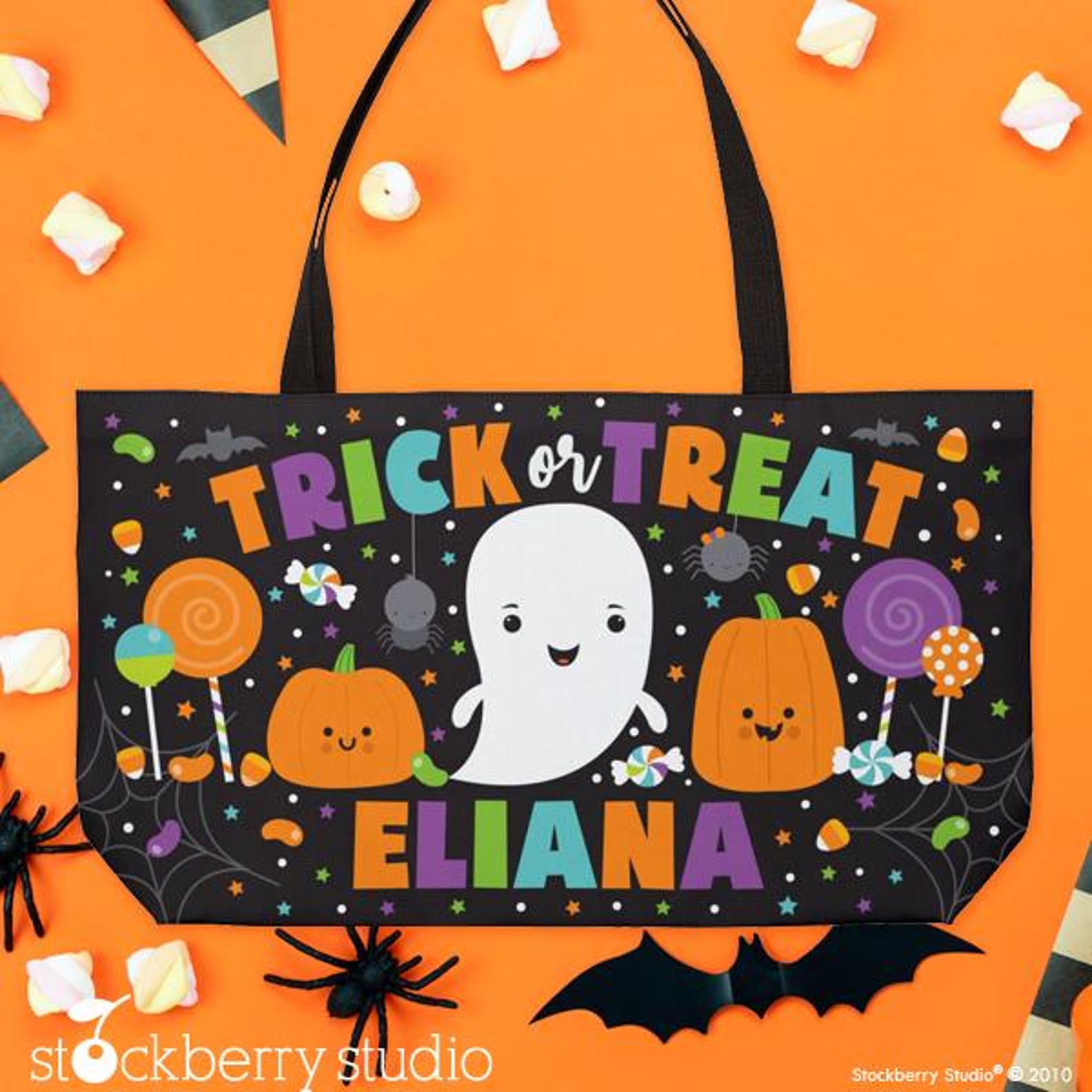 Pumpkin Halloween Large Tote Bag Personalized Kids Trick or Treat