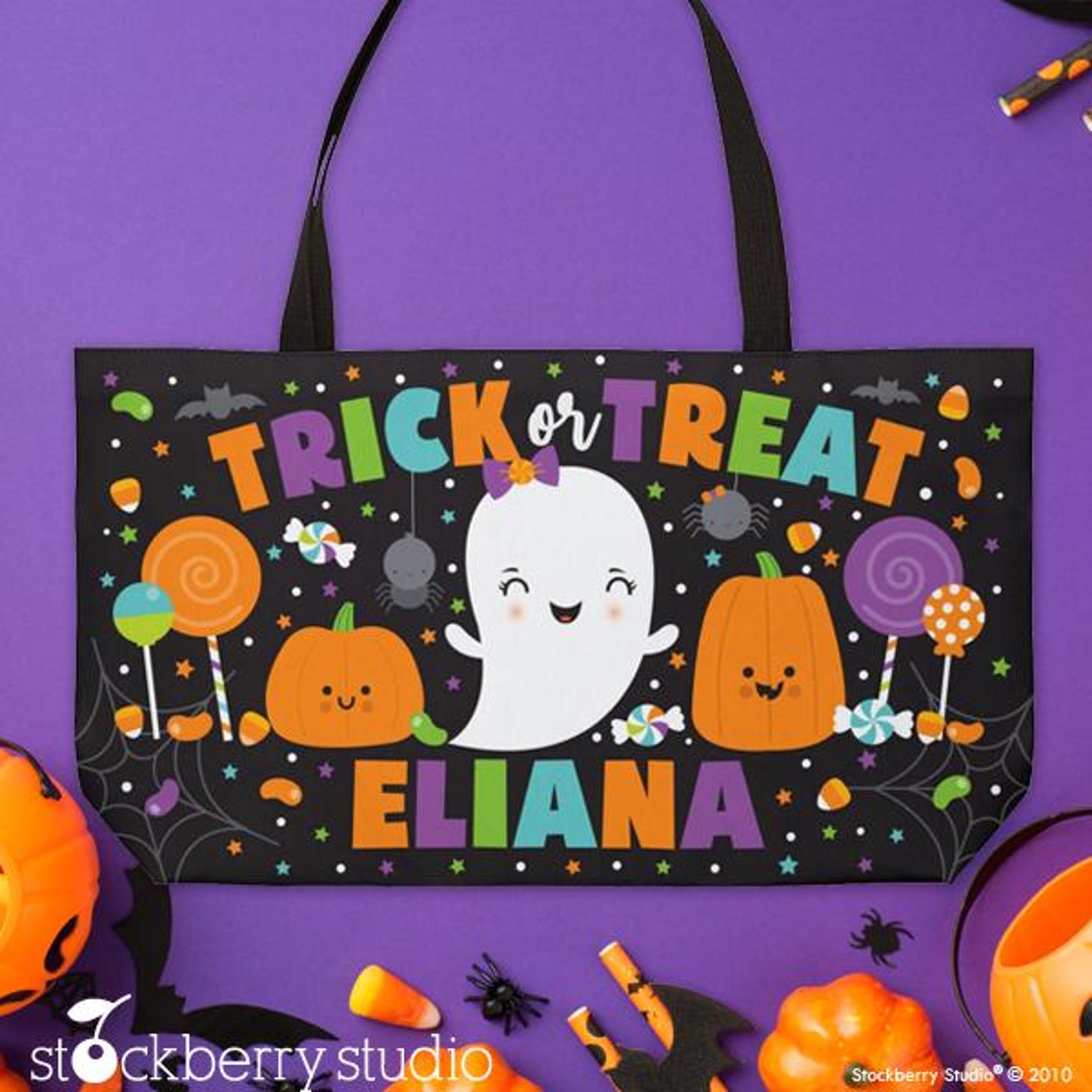 Pumpkin Halloween Large Tote Bag Personalized Kids Trick or Treat