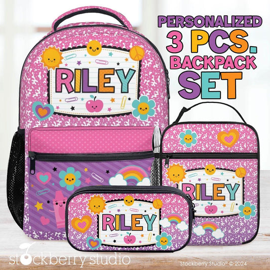 Personalized Composition Book Backpack & Lunch Bag Set – Custom Retro Kids School Bag with Name