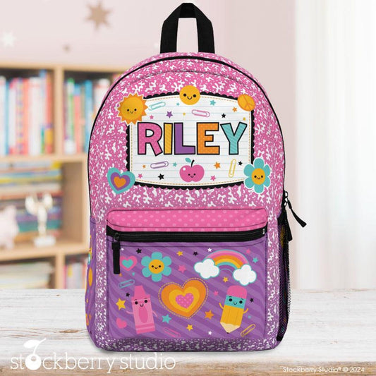 Personalized Composition Book Backpack – Custom Rainbow Retro Groovy School Bag for Girls