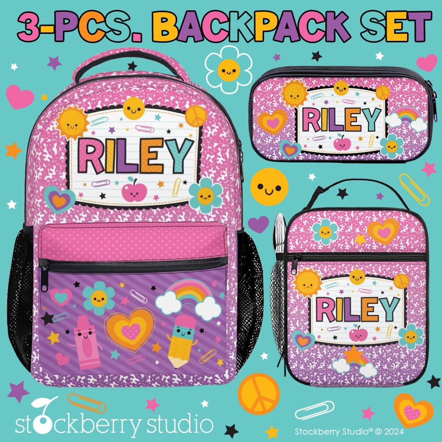 Personalized Composition Book Backpack & Lunch Bag Set – Custom Retro Kids School Bag with Name