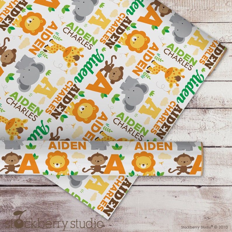 Jungle Animals Name Gift Wrapping Paper Safari Baby Shower Personalized