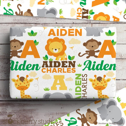 Jungle Animals Name Gift Wrapping Paper Safari Baby Shower Personalized