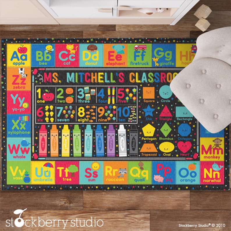 Colorful Kids Classroom Rug ABCs, Numbers, Shapes, and Fun Educational Design for Early Learning