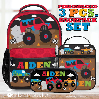 Personalized Monster Truck Backpack & Lunch Bag Set – Custom Retro Kids School Bag with Name