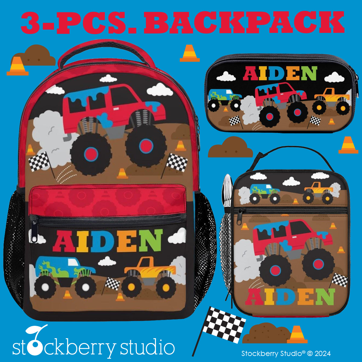 Personalized Monster Truck Backpack & Lunch Bag Set – Custom Retro Kids School Bag with Name