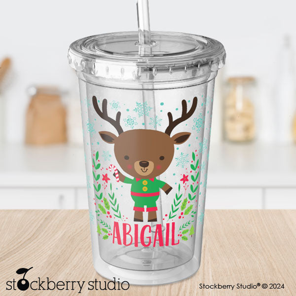 Personalized Kids Christmas Cup with Straw – Reindeer Holiday Tumbler for Boys & Girls
