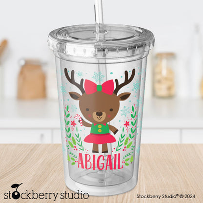 Personalized Kids Christmas Cup with Straw – Reindeer Holiday Tumbler for Boys & Girls