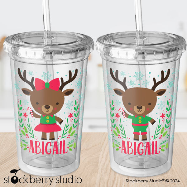 Personalized Kids Christmas Cup with Straw – Reindeer Holiday Tumbler for Boys & Girls
