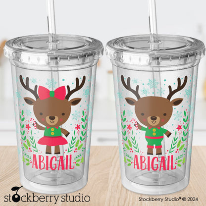 Personalized Kids Christmas Cup with Straw – Reindeer Holiday Tumbler for Boys & Girls