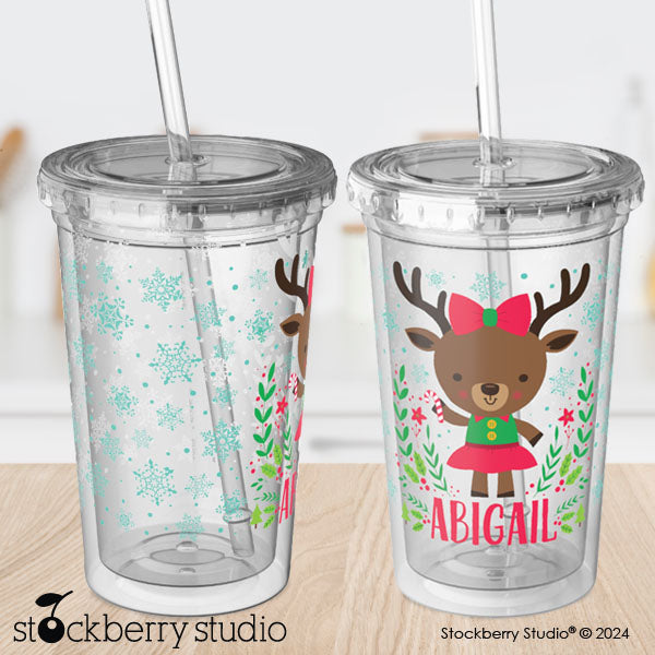 Personalized Kids Christmas Cup with Straw – Reindeer Holiday Tumbler for Boys & Girls