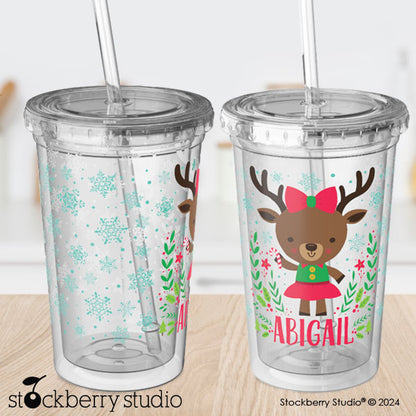 Personalized Kids Christmas Cup with Straw – Reindeer Holiday Tumbler for Boys & Girls