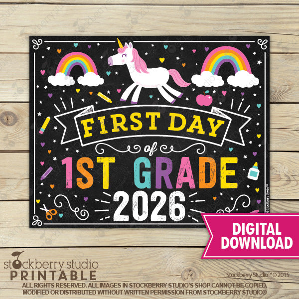 Unicorn First Day of Preschool Sign - Any Grade - Instant Download