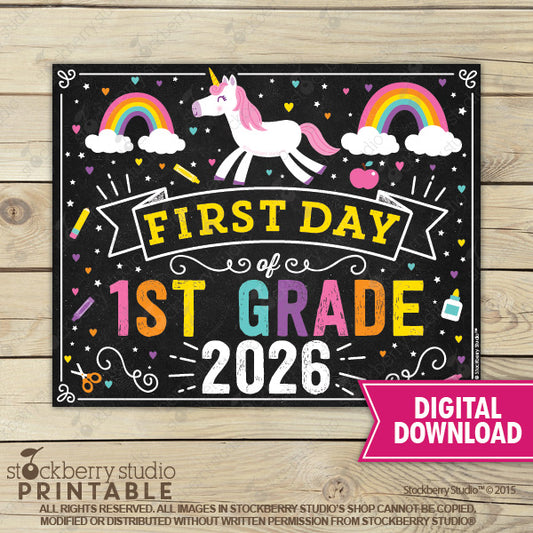 Unicorn First Day of 1st Grade Sign Printable Instant Download