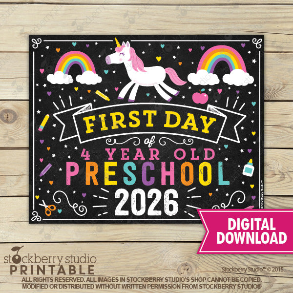 Unicorn First Day of Preschool Sign - Any Grade - Instant Download