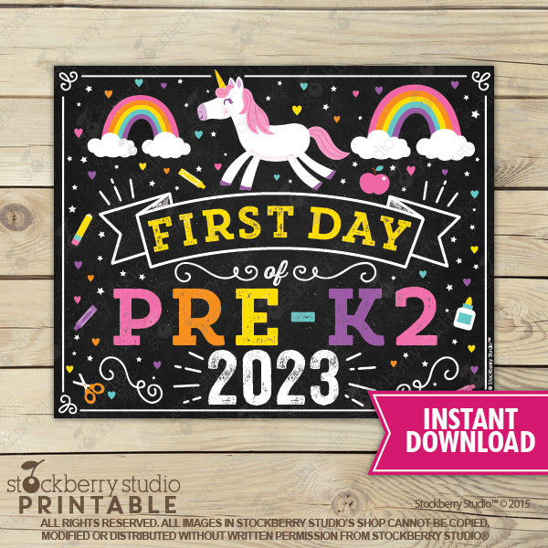 Unicorn First Day of Preschool Sign - Any Grade - Instant Download