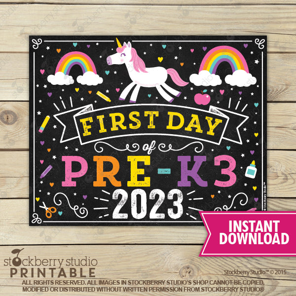 Unicorn First Day of Preschool Sign - Any Grade - Instant Download