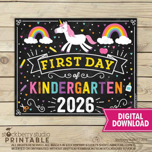 Unicorn First Day of Kindergarten Sign Printable Instant Download