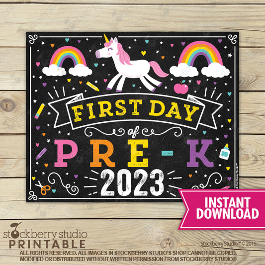 Unicorn First Day of Pre-K Sign Printable Instant Download