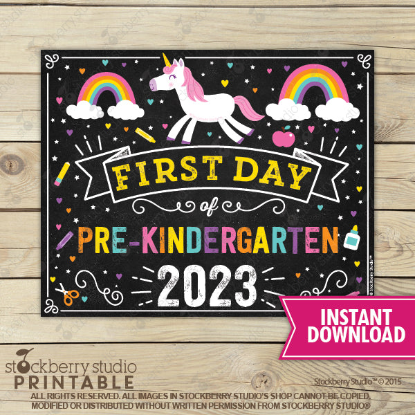 Unicorn First Day of Preschool Sign - Any Grade - Instant Download