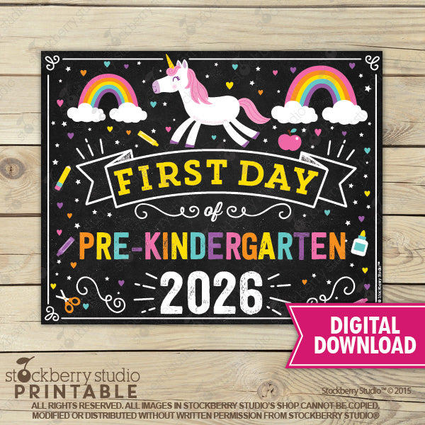 Unicorn First Day of Preschool Sign - Any Grade - Instant Download