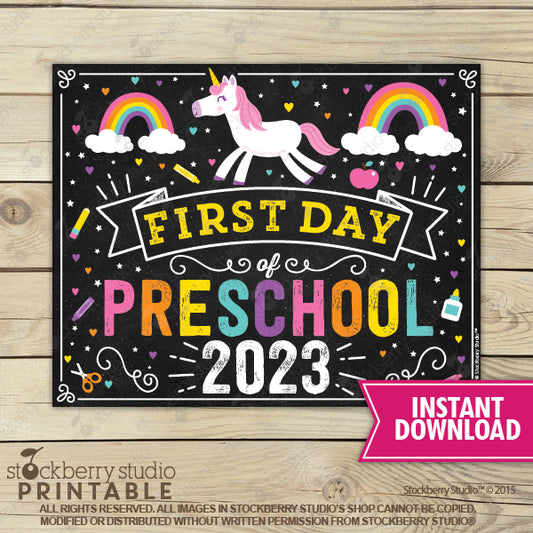 Unicorn First Day of Preschool Sign - Any Grade - Instant Download