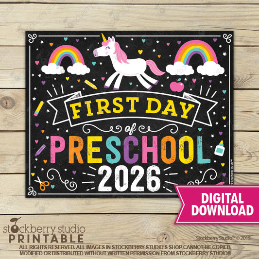 Unicorn First Day of Preschool Sign - Any Grade - Instant Download