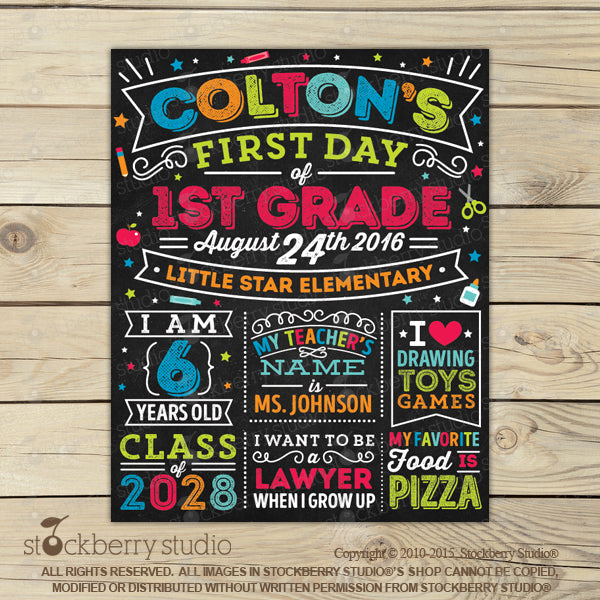 Back to School Sign First Day of School Sign Printable Custom - Stockberry Studio