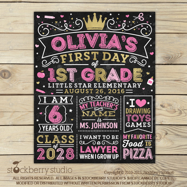 Girl 1st Day of School Sign Pink First Day of School Chalkboard Sign - Stockberry Studio