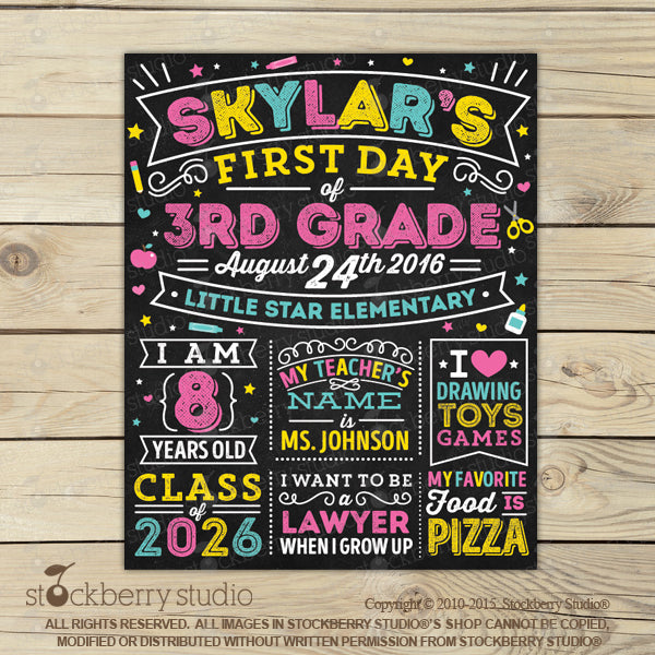 Girl 1st Day of School Sign Pink First Day of School Chalkboard Sign - Stockberry Studio