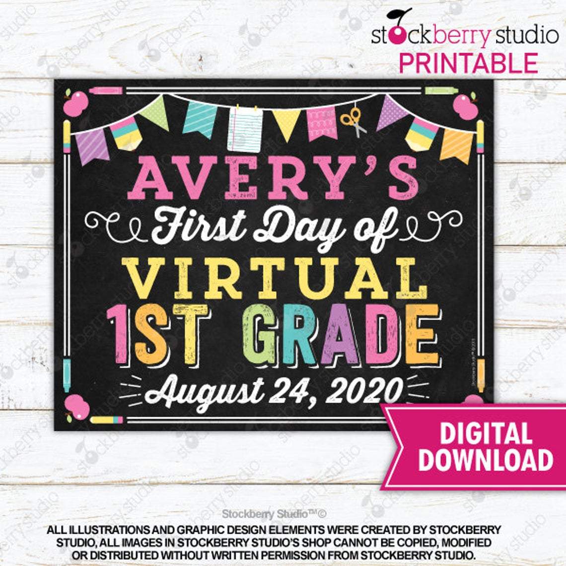 First Day of Virtual School Printable Sign E-learning - Stockberry Studio