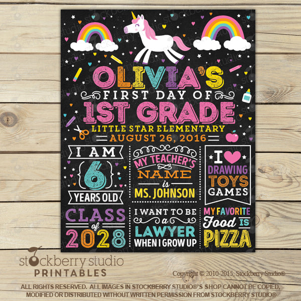 Unicorn First Day of School Sign 1st Day of School Chalkboard Sign - Stockberry Studio