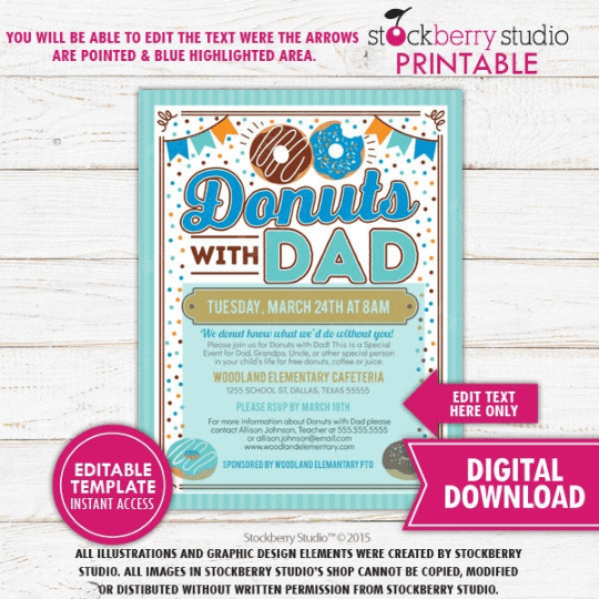 Donuts with Dad Invitation PTA School Event Flyer Father's Day PTO Fundraiser Dad Appreciation Breakfast Printable - Stockberry Studio