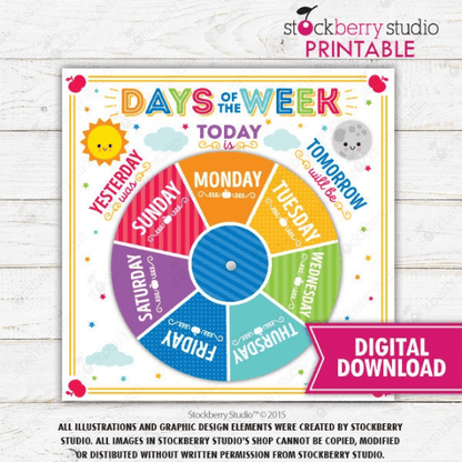 Days of the Week Rainbow Wheel and Tracing Worksheet - Homeschool - Preschool - Kindergarten - Stockberry Studio