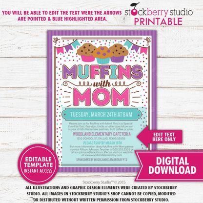 Muffins with Mom Invitation PTA School Flyer Mother's Day Brunch PTO Fundraiser Lunch Mom Appreciation Breakfast - Stockberry Studio