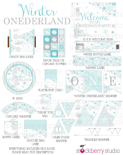 Winter Onederland Birthday Decorations Printable Party Kit - Stockberry Studio