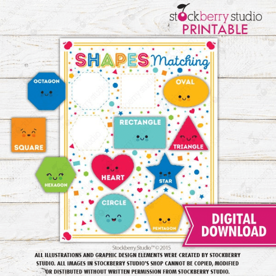 Shape Matching Game, Learning Shapes Activity - Homeschool - Preschool - Kindergarten - Stockberry Studio