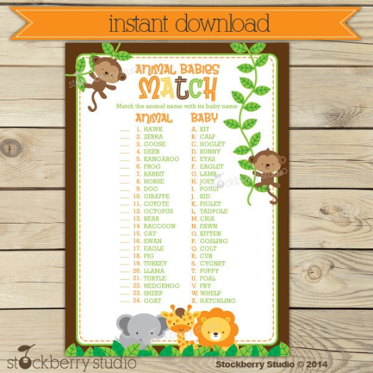 Safari Jungle Animals Baby Shower Games