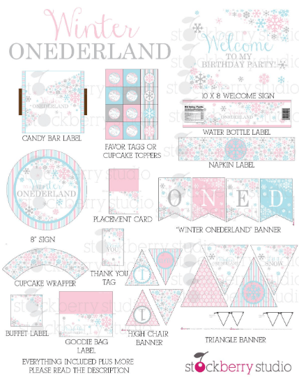 Winter Onederland Birthday Decorations Printable Party Kit - Stockberry Studio