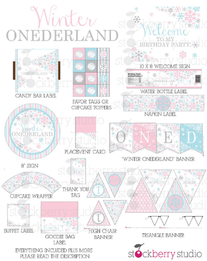 Winter Onederland Birthday Decorations Printable Party Kit - Stockberry Studio