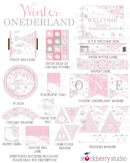 Winter Onederland Birthday Decorations Printable Party Kit - Stockberry Studio