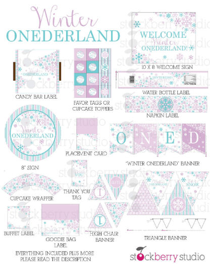 Winter Onederland Birthday Decorations Printable Party Kit - Stockberry Studio